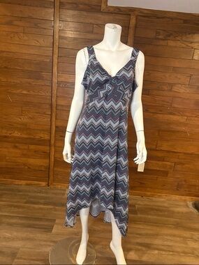 Denver Hayes Navy, White and Burgundy Chevron High-Low Dress